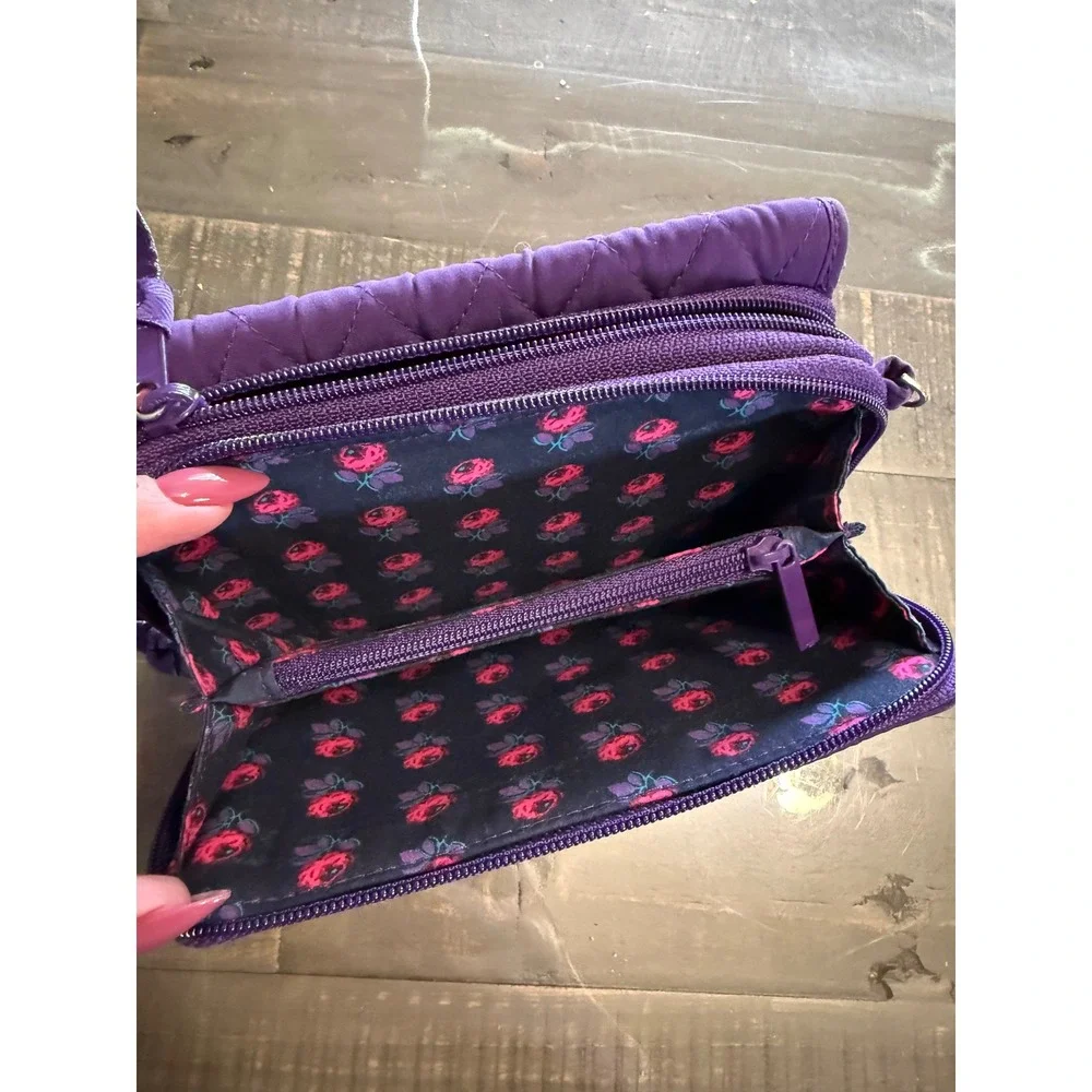 Vera Bradley Purple Quilted Microfiber RFID Crossbody Wallet Bag Rose Interior - Picture 3 of 5